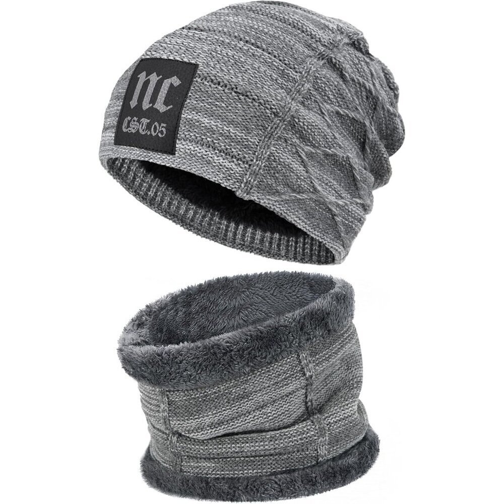 🆕 Men Grey Fleece Lined Winter Cap Beanie Scarf Set Knit Neck Warmer Nice Hat